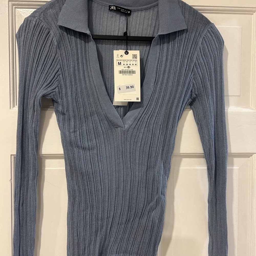 Zara Light Blue Ribbed Collared V-Neck Long Sleeve Top